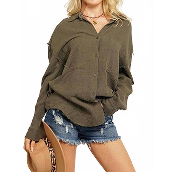 NEW GEEGEE oversized gauze button front shirt in olive - Picture 3 of 5